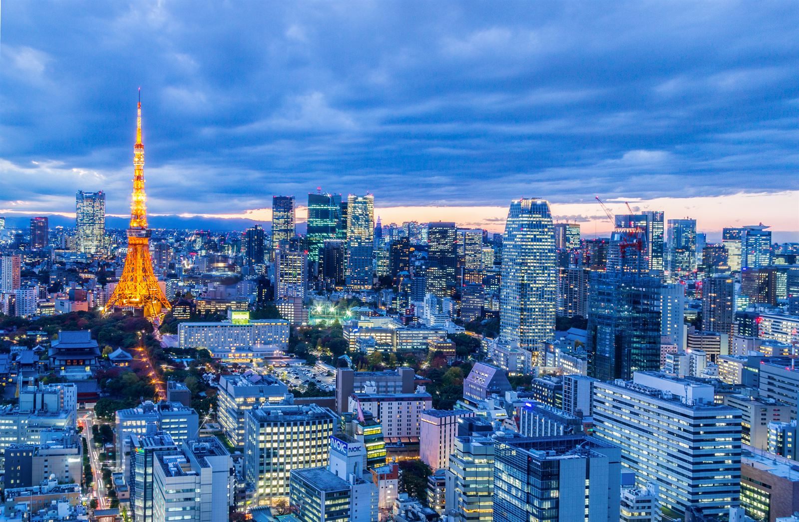 Tokyo Tower lit up at dusk above the city, a classic sight among things to do in Tokyo